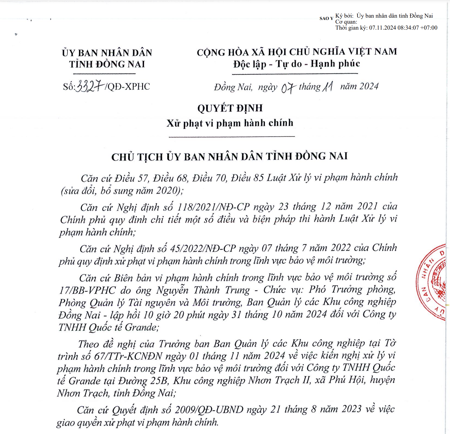 Vi phạm về môi trường Công ty TNHH Quốc tế Grande bị xử phạt 320 triệu đồng 